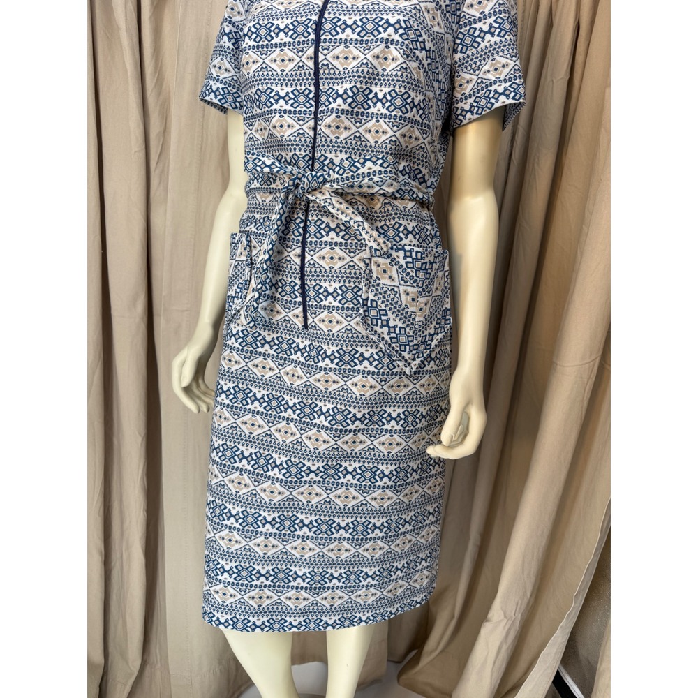 Vintage 60s 70s Geometric Knit Dress Blue Cream Belted Mod Talon Zip